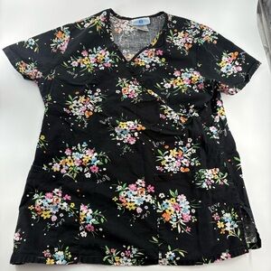 SB Scrubs Women's Black Floral Scrub Top Size Small